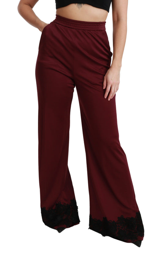 Dolce & Gabbana Black Lace High Waist Wide Leg Maroon Pants