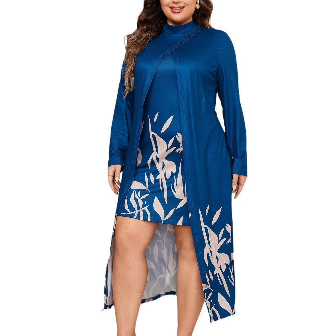 Fake Two-piece Turtleneck Long Sleeve Asymmetric Dress Women