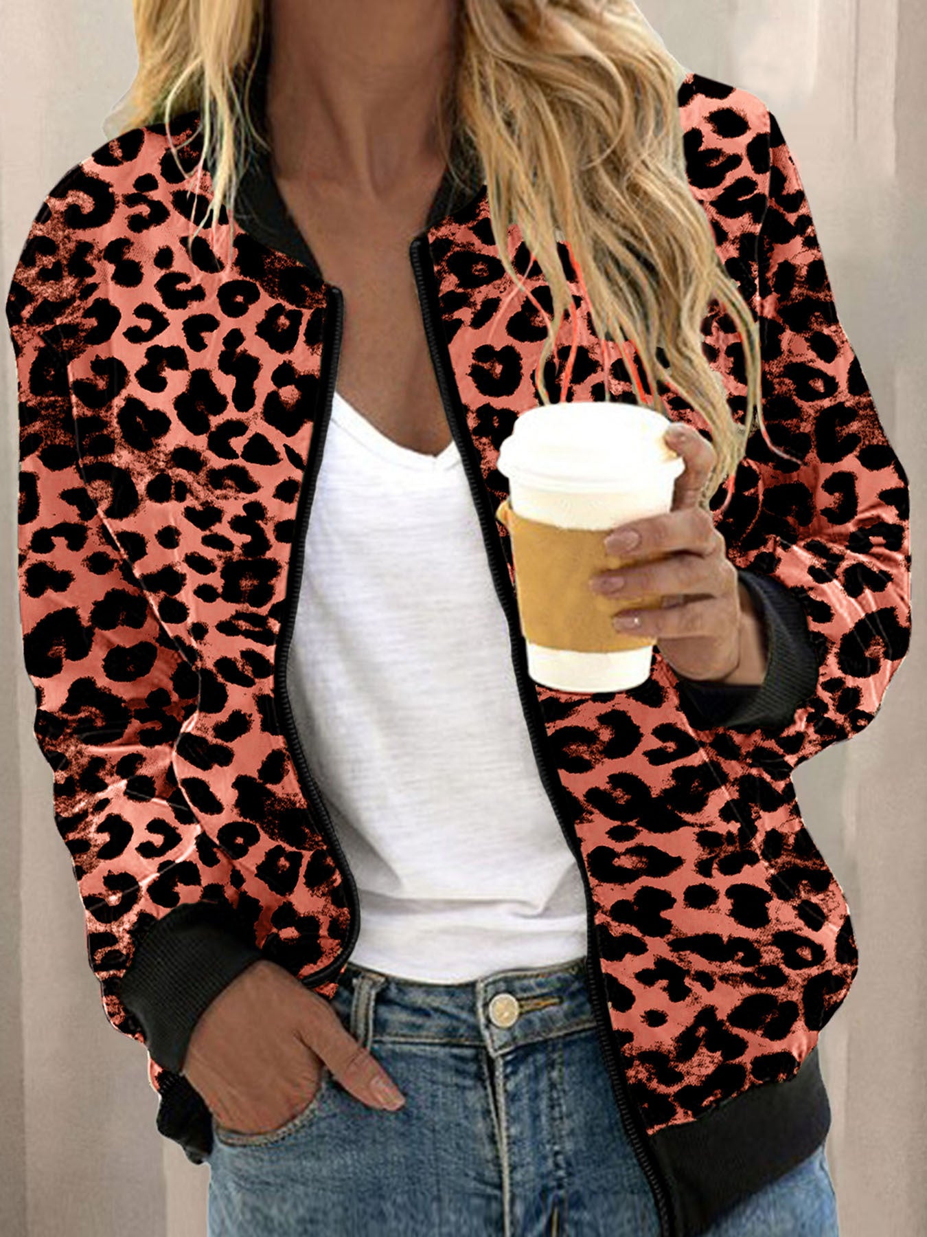 Leopard Print Stand Collar Cardigan Zipper Coat