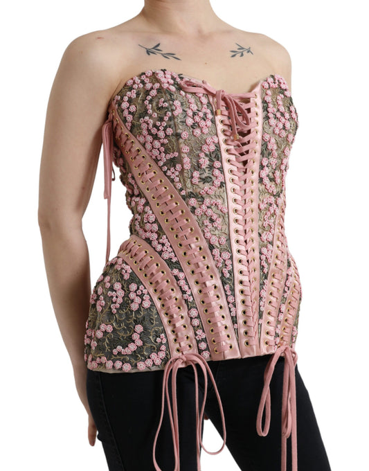 Dolce & Gabbana Pink Floral Applique Bustier Corset Top