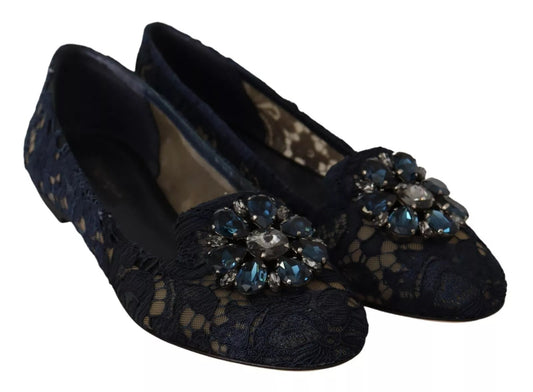 Dolce & Gabbana Blue Crystal Loafer Lace Ballet Flats Shoes