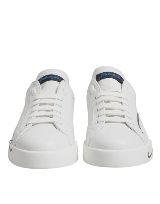 Dolce & Gabbana White Blue Leather Logo Low Top Sneakers Shoes