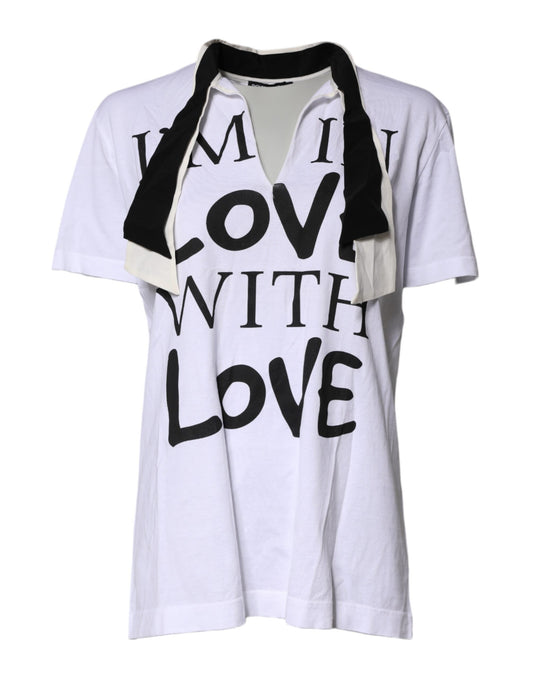 Dolce & Gabbana White Cotton Silk Blend Ascot Collar T-shirt