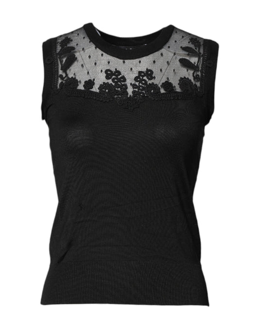 Dolce & Gabbana Black Lace Sheer Crew Neck Sleeveless Top