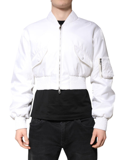 Dolce & Gabbana White Nylon Full Zip Cropped Bomber Jacket