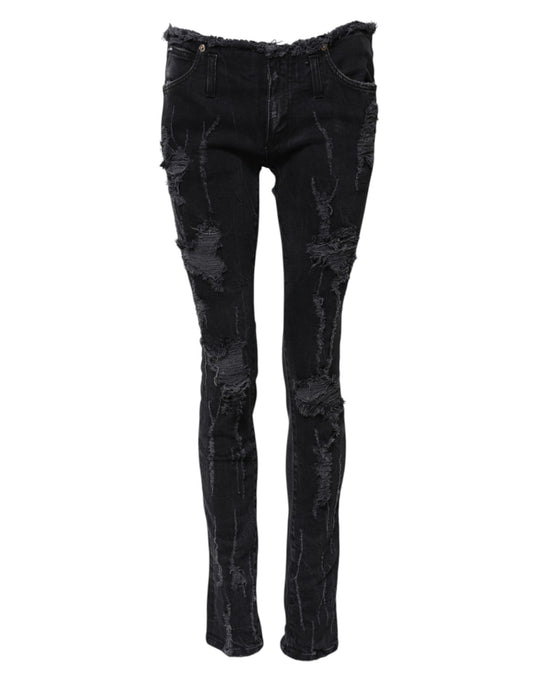 Dolce & Gabbana Black Cotton Tattered Skinny Denim Jeans