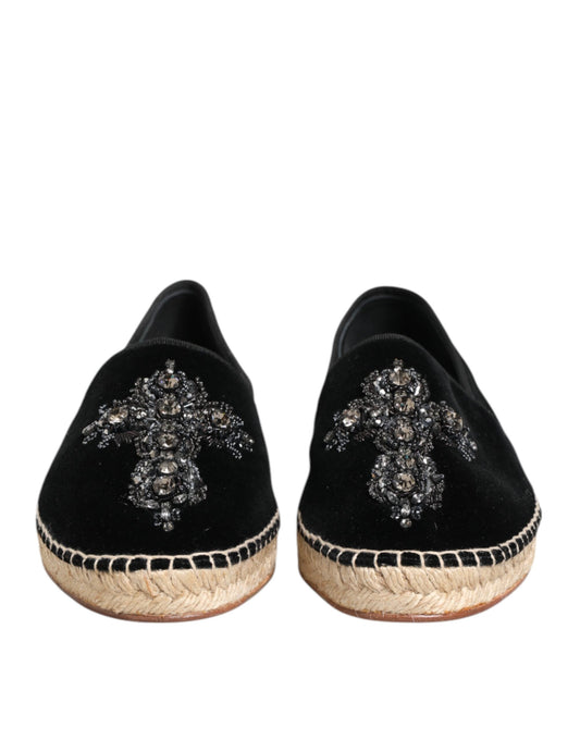 Dolce & Gabbana Black Cross Crystal Slip On Espadrille Shoes