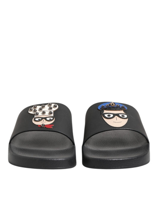Dolce & Gabbana Black Leather Slides Flats Beachwear Shoes