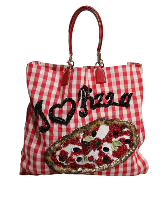 Dolce & Gabbana Red I Love Pizza Rhinestone Embellished Tote Bag