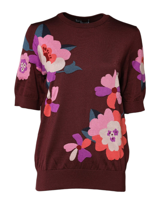 Dolce & Gabbana Maroon Floral Silk Crew Neck Blouse Top