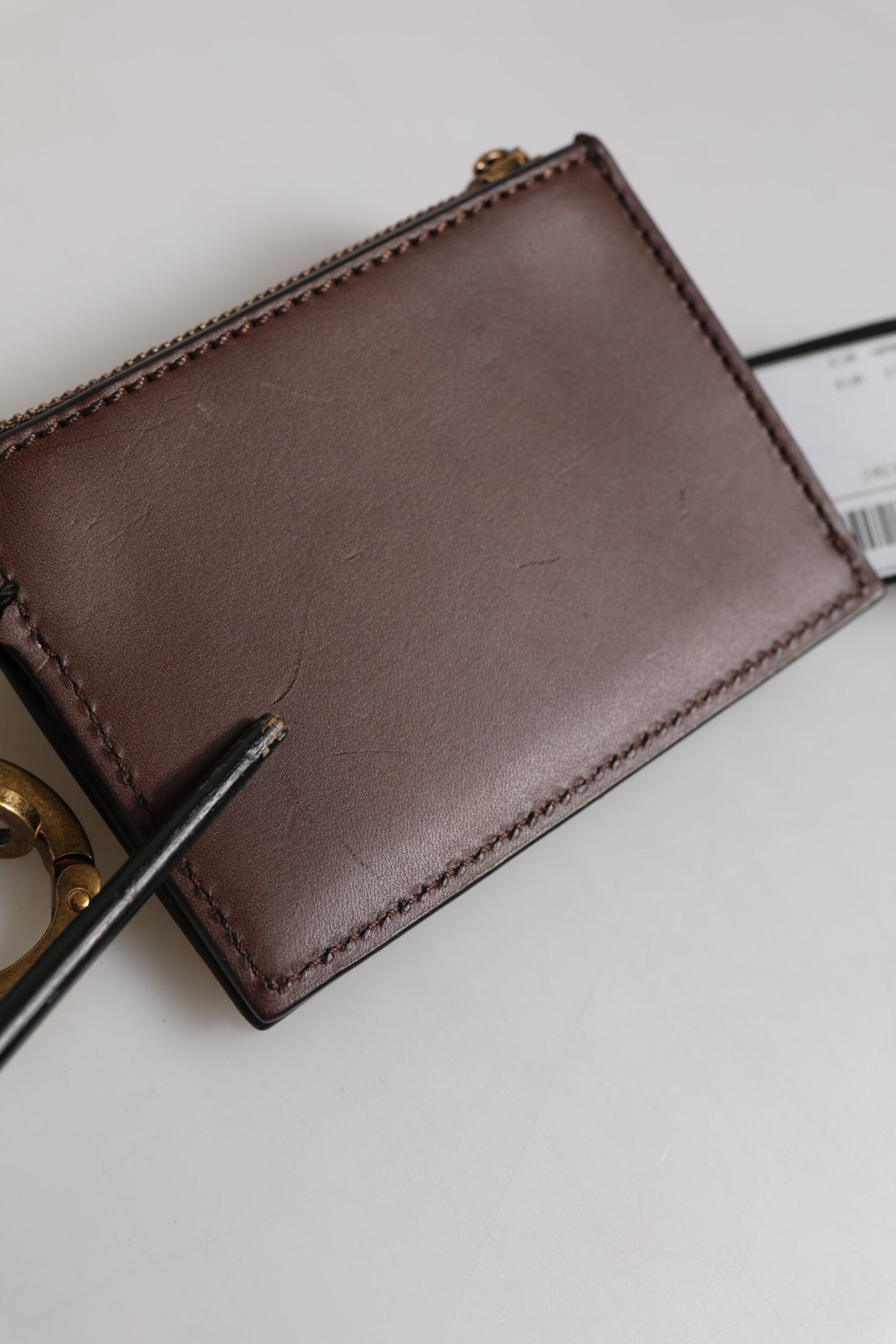 Dolce & Gabbana Brown Calf Leather Zip Logo Keyring Coin Purse Men Wallet