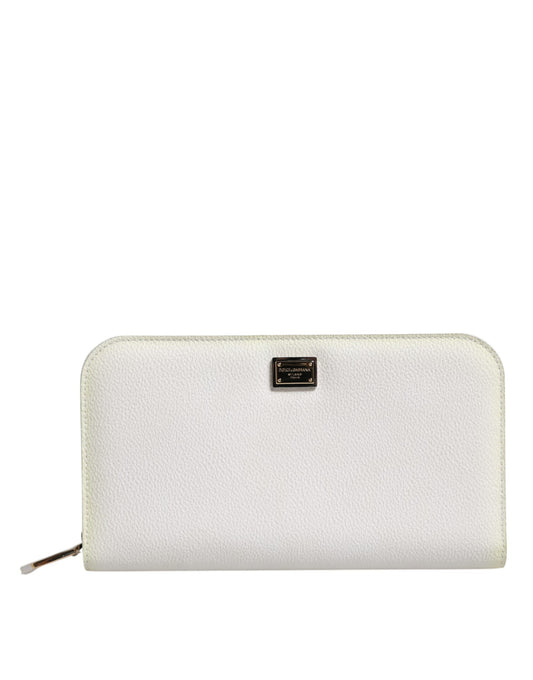 Dolce & Gabbana White Leather Logo Plaque Zip Around Continental Wallet
