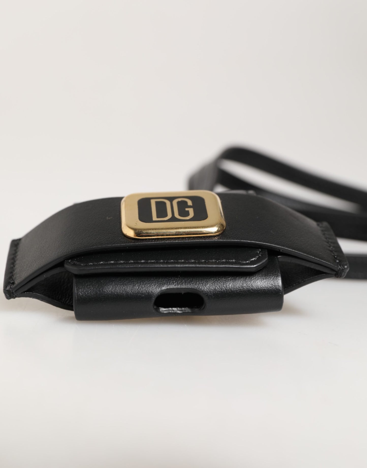 Dolce & Gabbana Black Leather Strap Gold Metal DG Logo Plaque Airpods Case