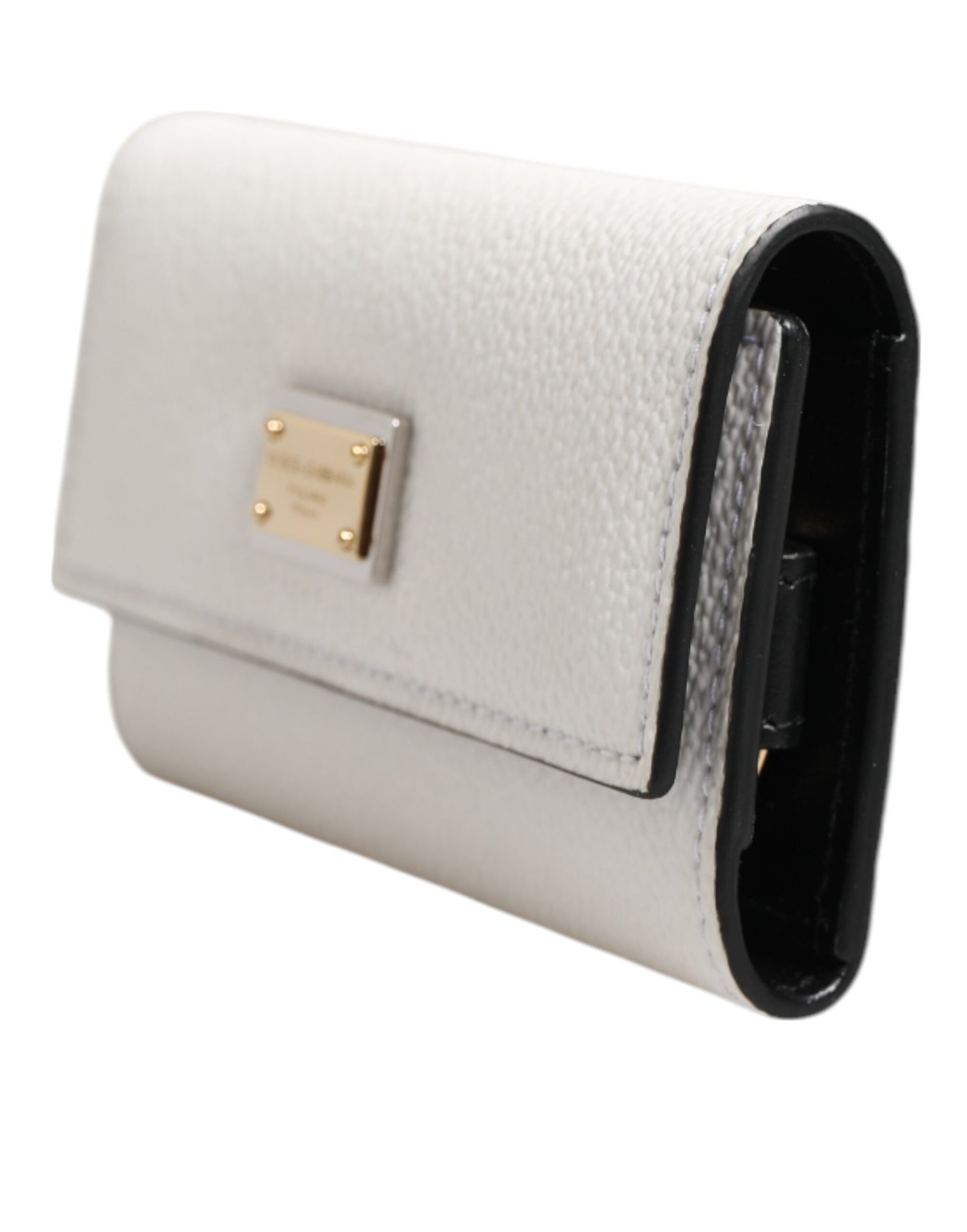 Dolce & Gabbana White Leather Card Case Holder Wallet Gold Logo Plate  Key Holder