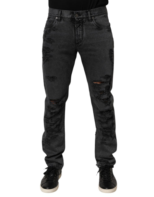 Dolce & Gabbana Black Tattered Skinny Cotton Men Denim Jeans