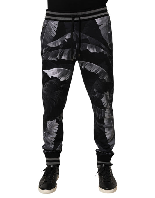 Dolce & Gabbana Black Banana Leaf Cotton Jogger Trouser Pants