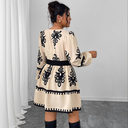 Fashion Round Neck Puff Sleeve Printing Dress Women