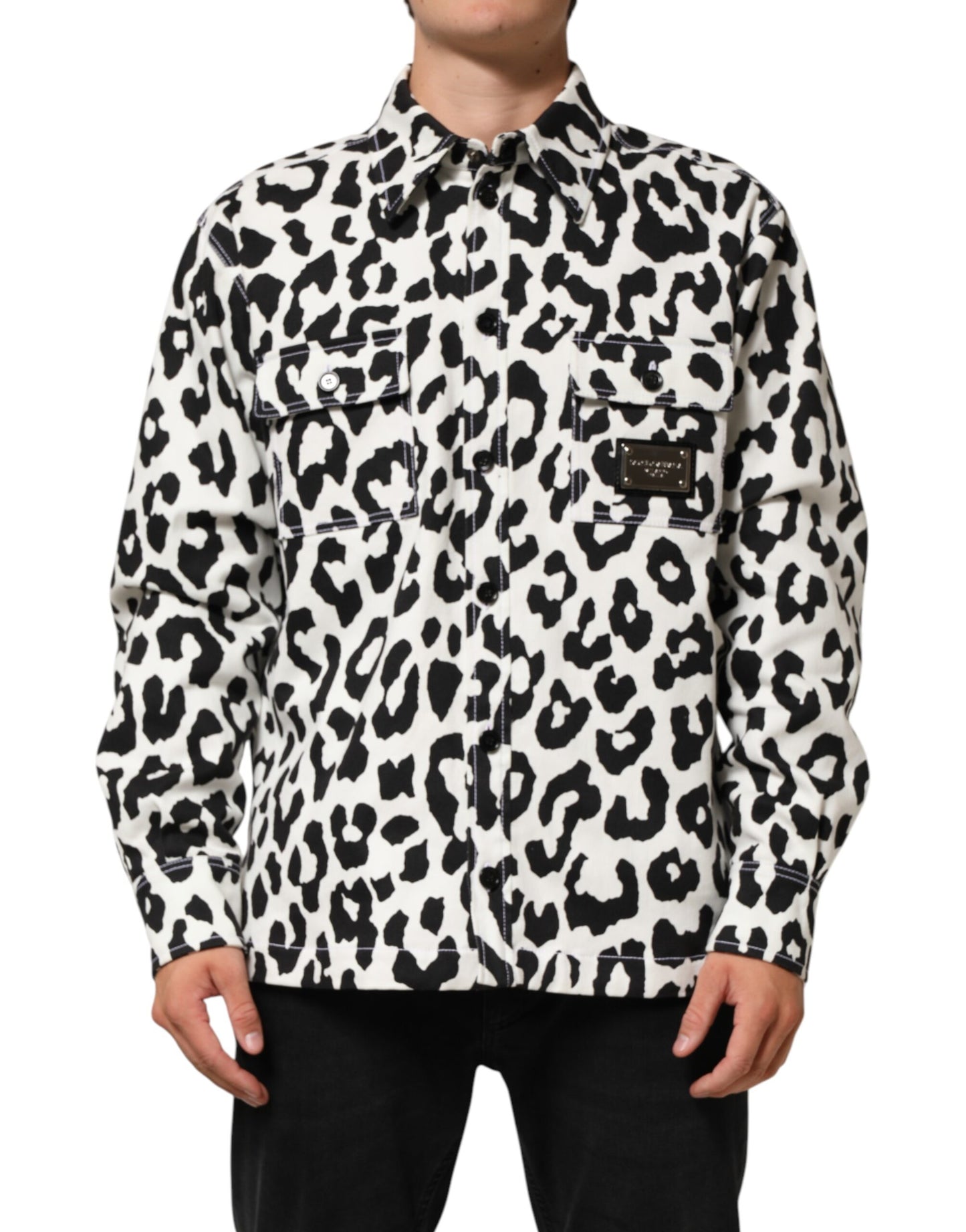 Dolce & Gabbana Black White Leopard Denim Blouson Sweater