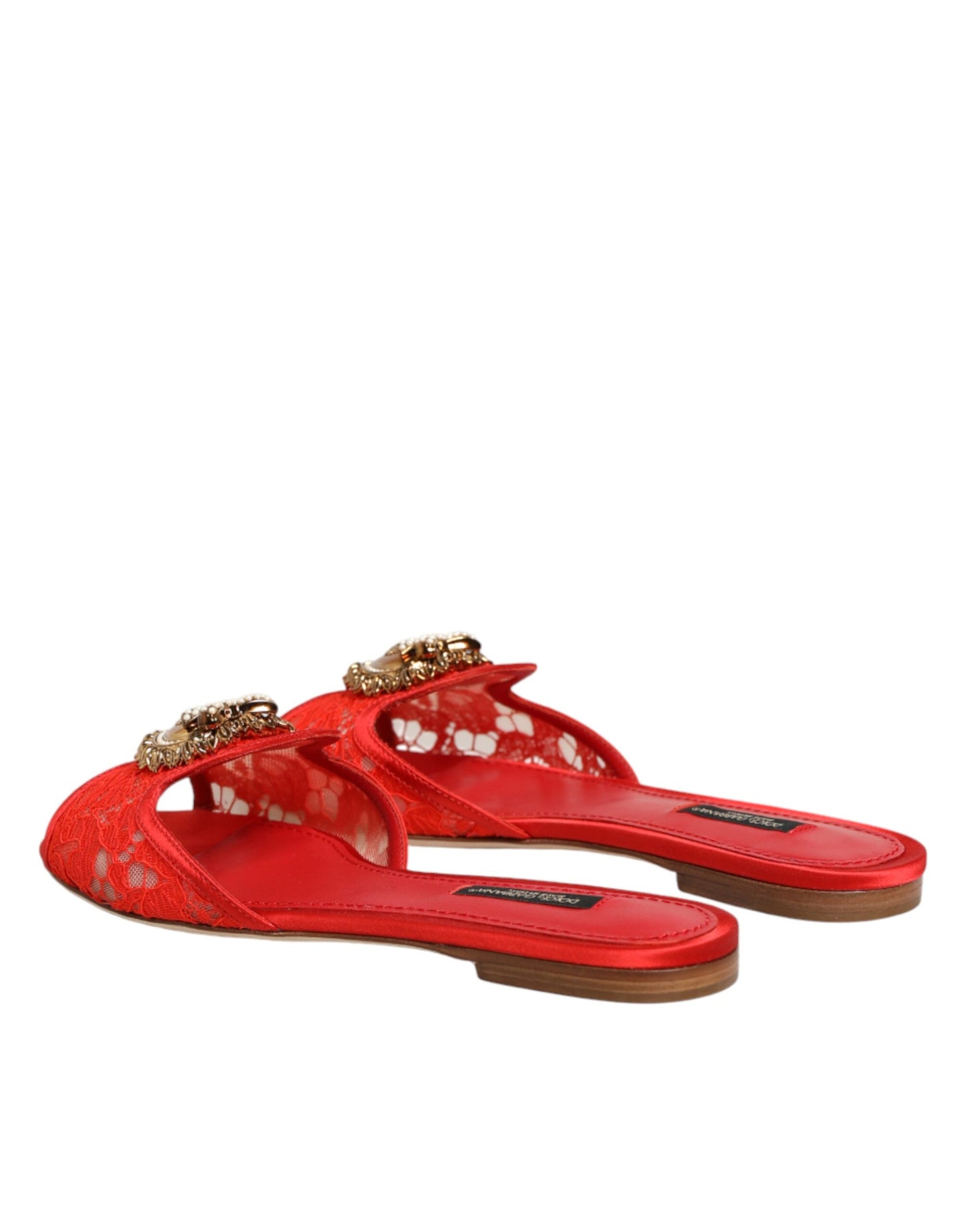 Dolce & Gabbana Red Devotion Lace Flats Slip On Sandals Shoes