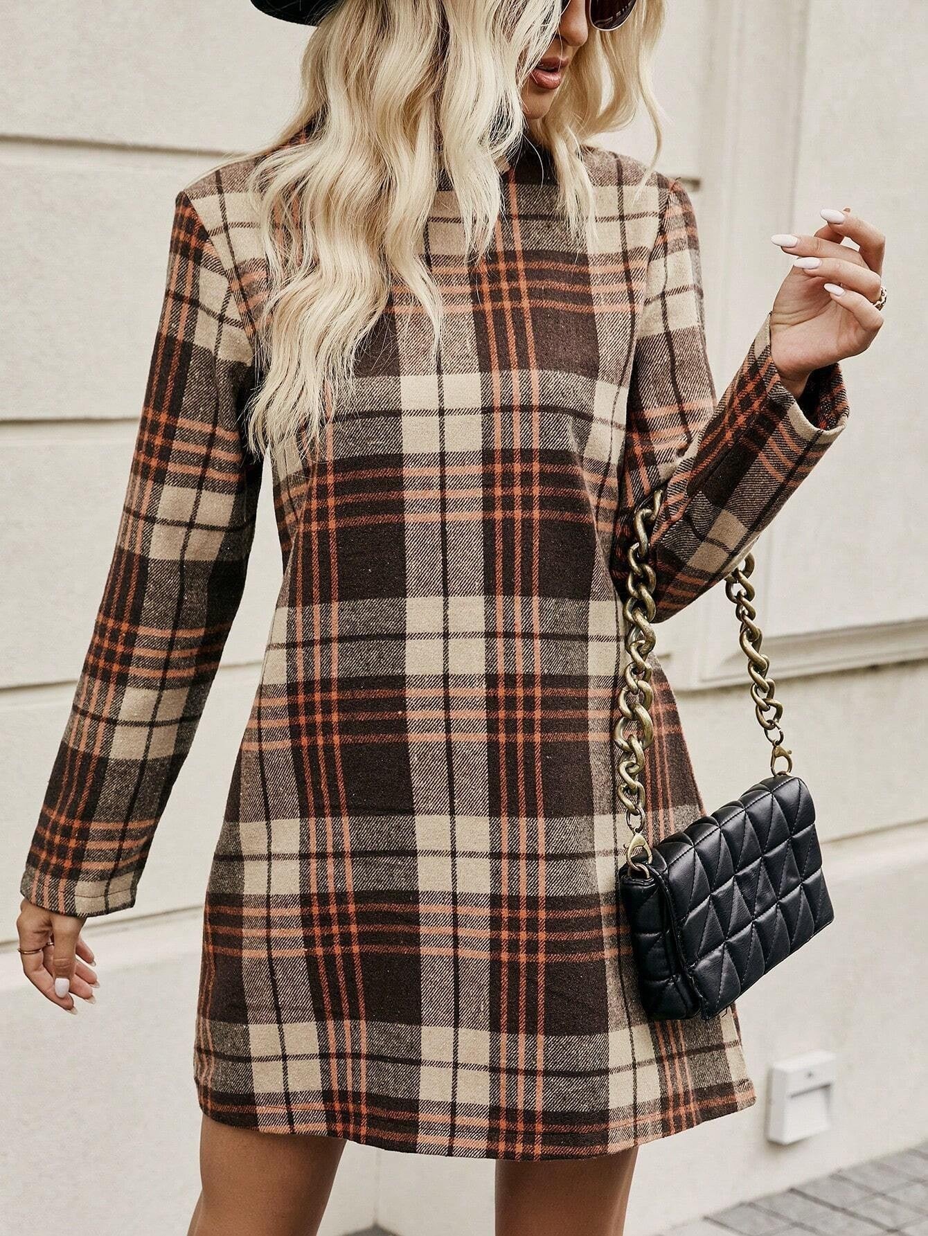 European And American Long Sleeve Plaid Dress Women's Clothing