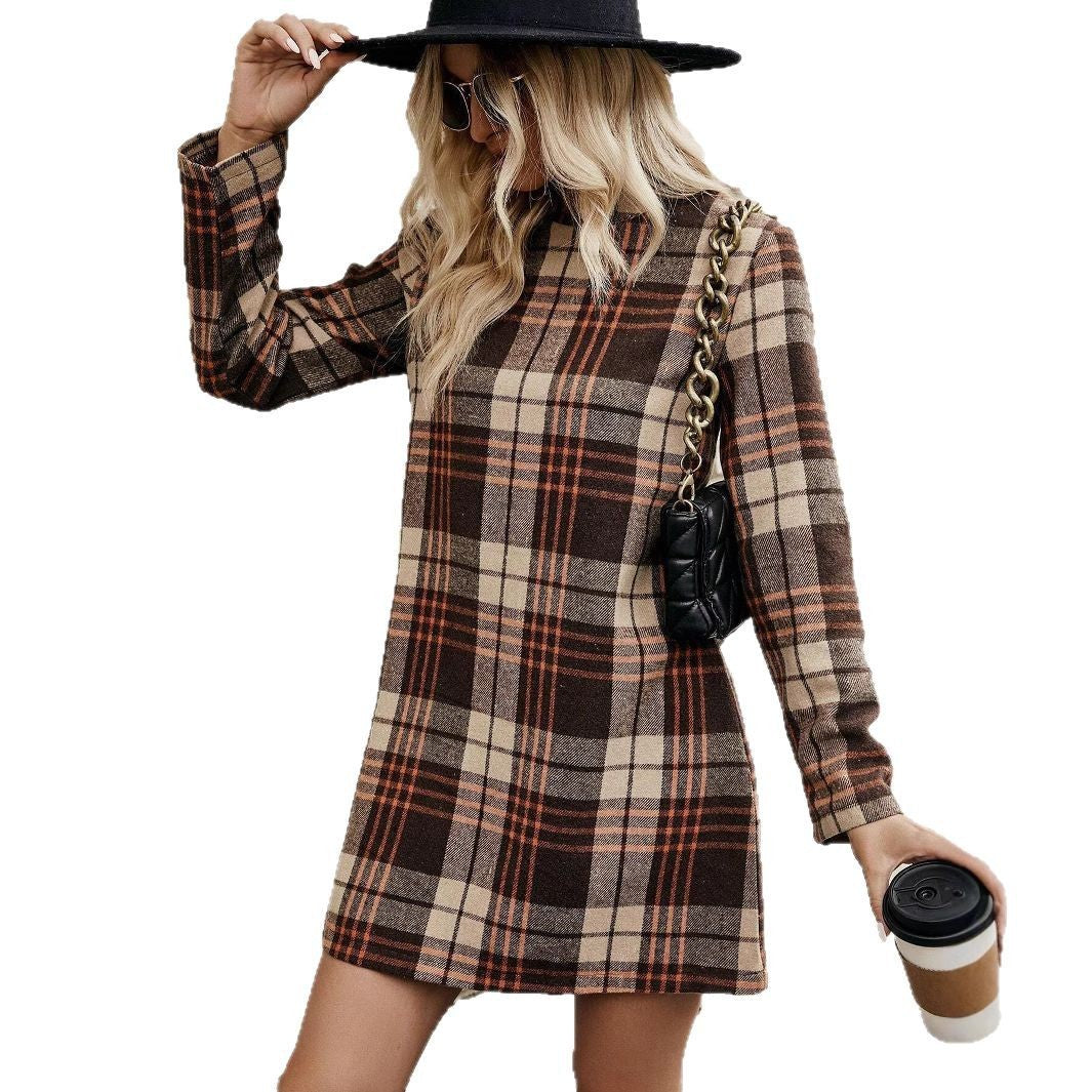 European And American Long Sleeve Plaid Dress Women's Clothing