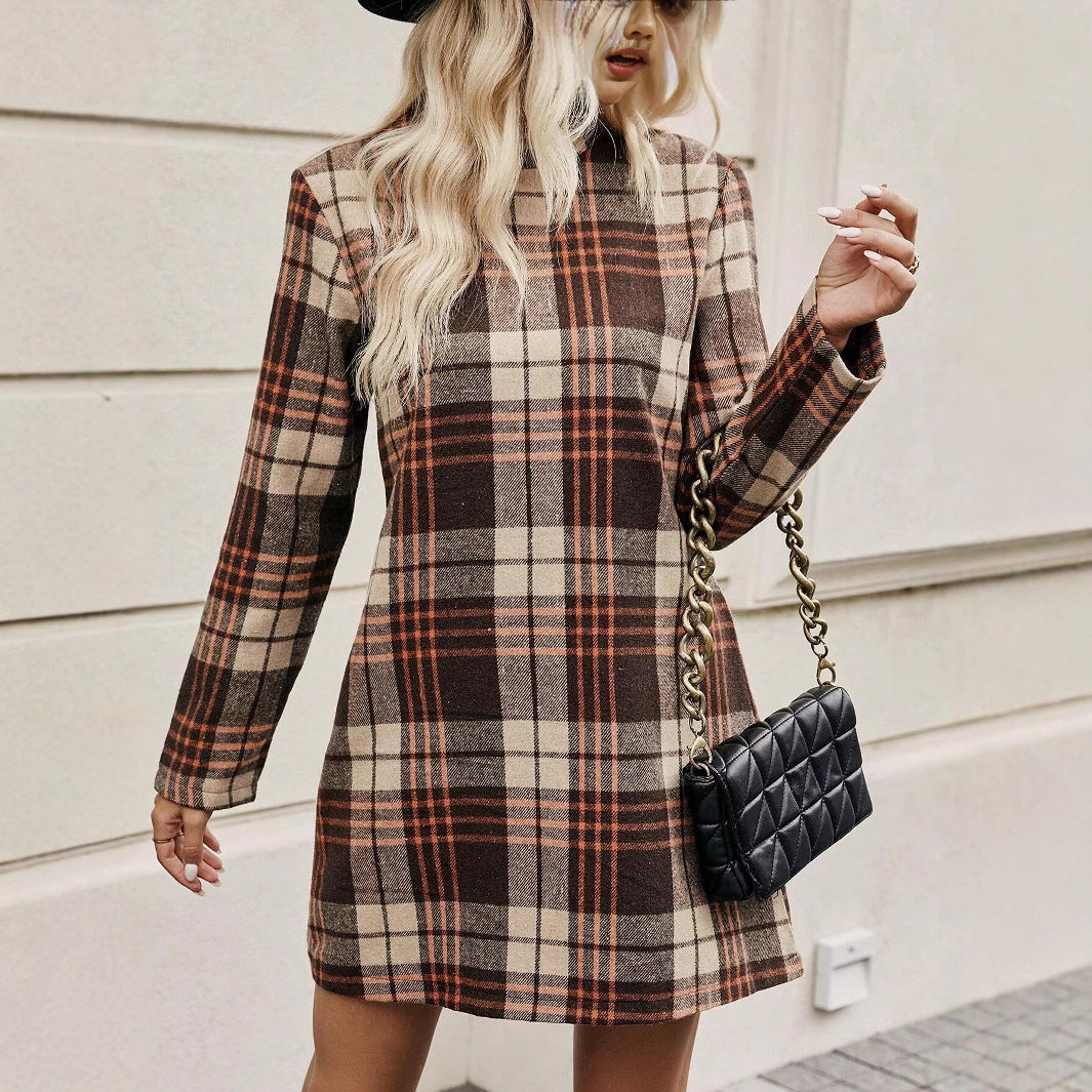 European And American Long Sleeve Plaid Dress Women's Clothing
