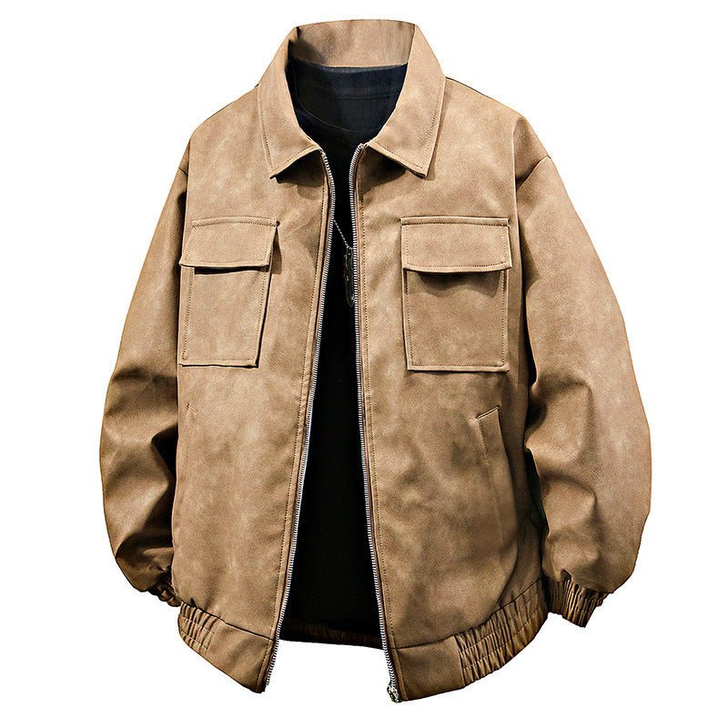 American Retro PU Leather Jacket – 3D Texture, Polo Collar Streetwear - SMARTMARTNZ