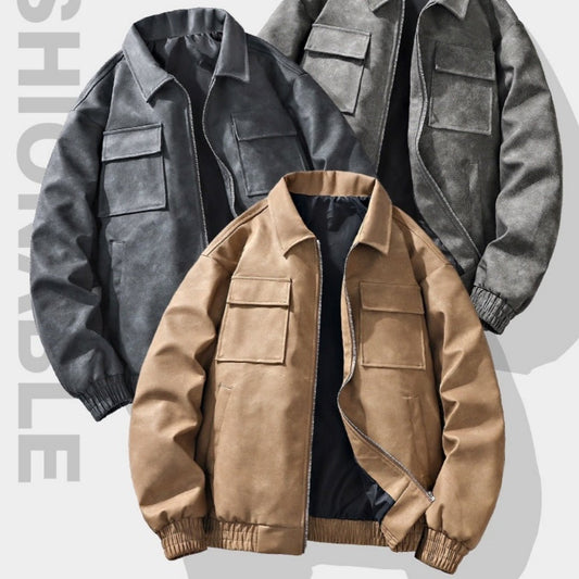 American Retro PU Leather Jacket – 3D Texture, Polo Collar Streetwear - SMARTMARTNZ