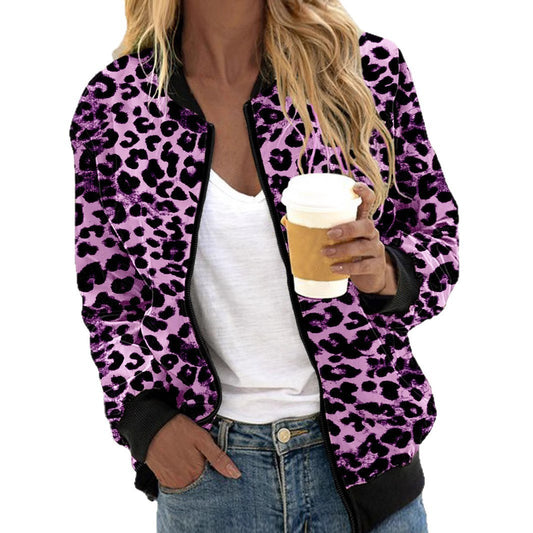 Leopard Print Stand Collar Cardigan Zipper Coat