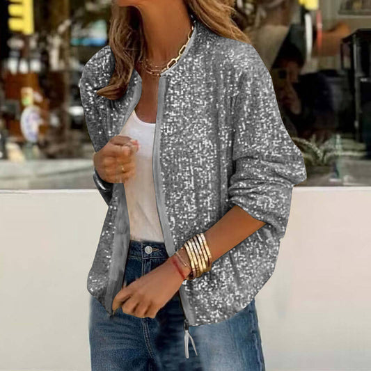 Casual Fashion Sequin Short Zipper Jacket