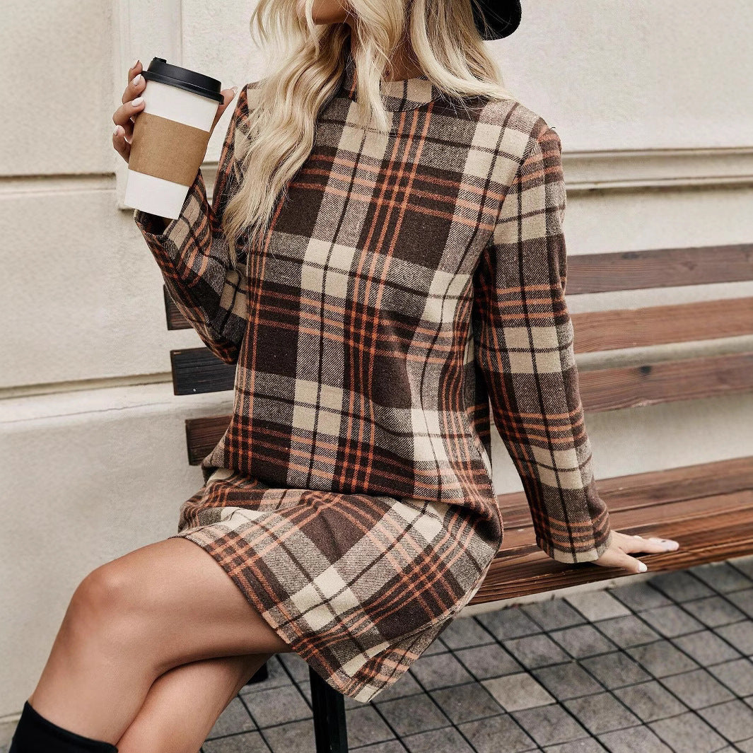 European And American Long Sleeve Plaid Dress Women's Clothing
