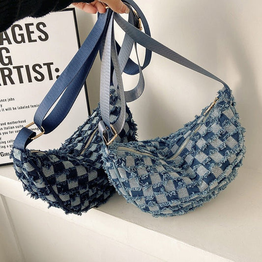 Denim Shoulder Bag | Y2K Checkered Chessboard Streetwear - SMARTMARTNZ