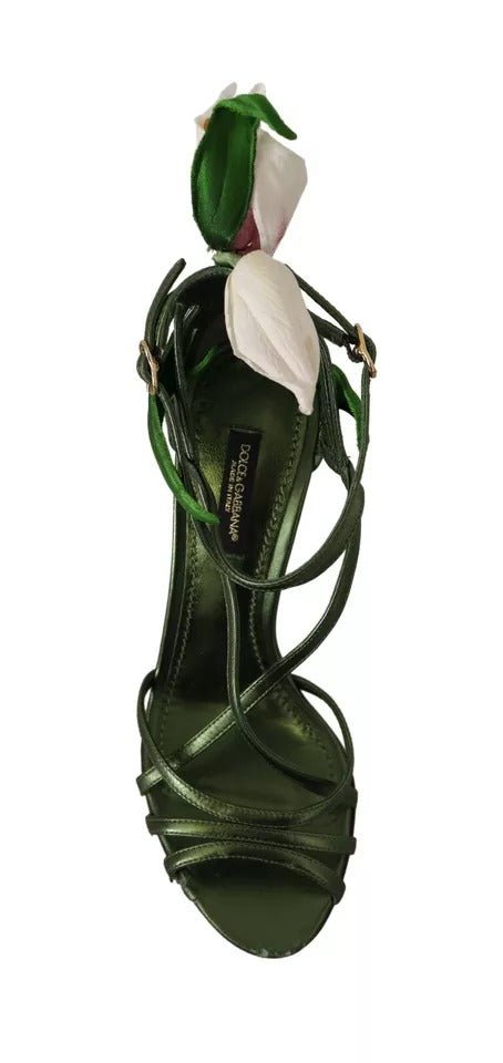 Dolce & Gabbana Acid Green Leather Strappy Flower Heels Sandals Shoes - SMARTMARTNZ