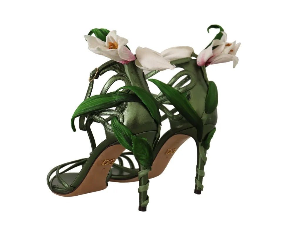 Dolce & Gabbana Acid Green Leather Strappy Flower Heels Sandals Shoes - SMARTMARTNZ
