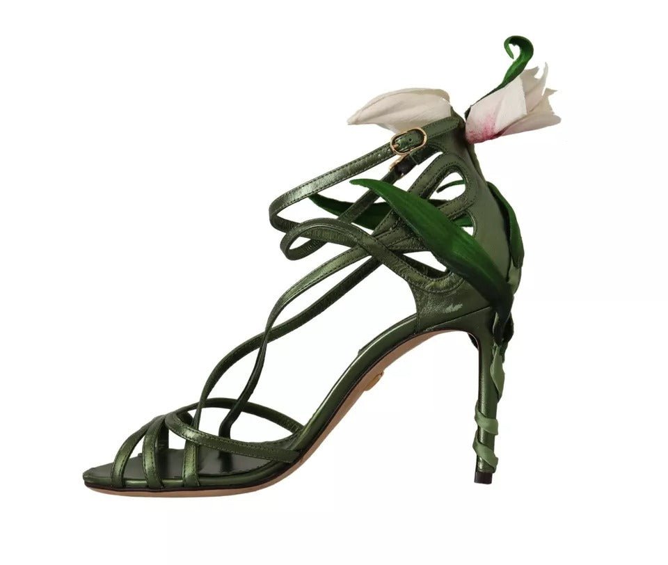 Dolce & Gabbana Acid Green Leather Strappy Flower Heels Sandals Shoes - SMARTMARTNZ
