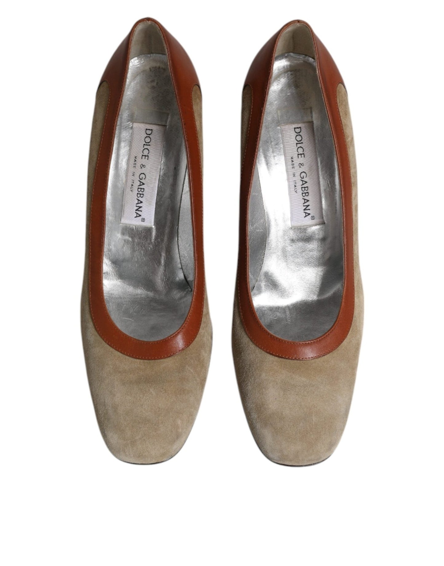 Dolce & Gabbana Beige Brown Leather Block Heels Pumps Shoes - SMARTMARTNZ