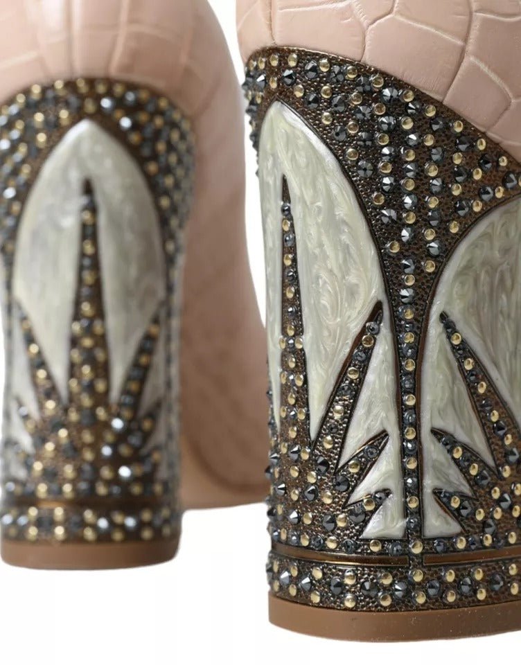 Dolce & Gabbana Beige Leather Mary Janes Embellished Shoes - SMARTMARTNZ
