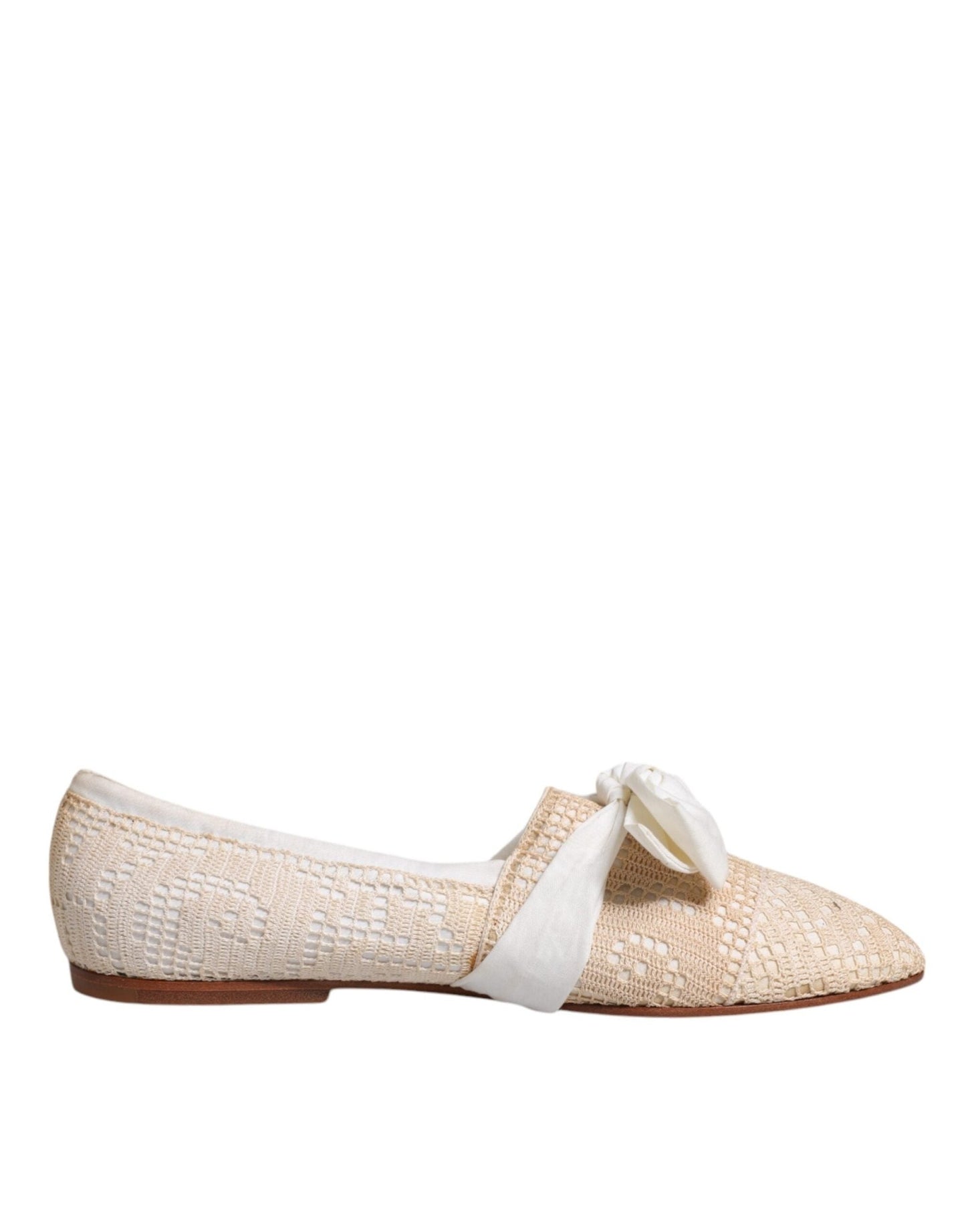 Dolce & Gabbana Beige Ribbon Fabric Ballerina Flats Shoes - SMARTMARTNZ