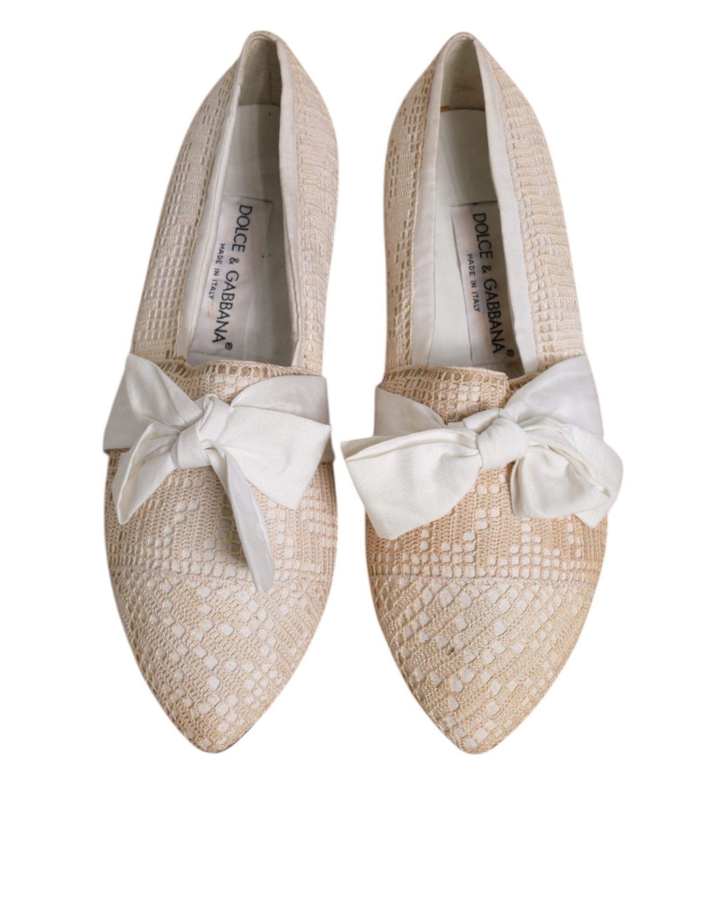 Dolce & Gabbana Beige Ribbon Fabric Ballerina Flats Shoes - SMARTMARTNZ