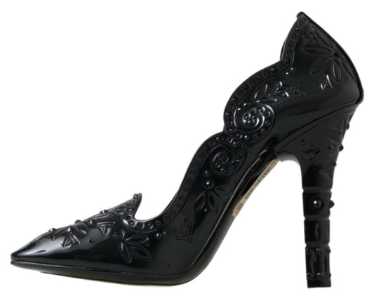 Dolce & Gabbana Black CINDERELLA Floral Crystal Heels Shoes - SMARTMARTNZ