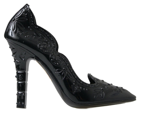 Dolce & Gabbana Black CINDERELLA Floral Crystal Heels Shoes - SMARTMARTNZ