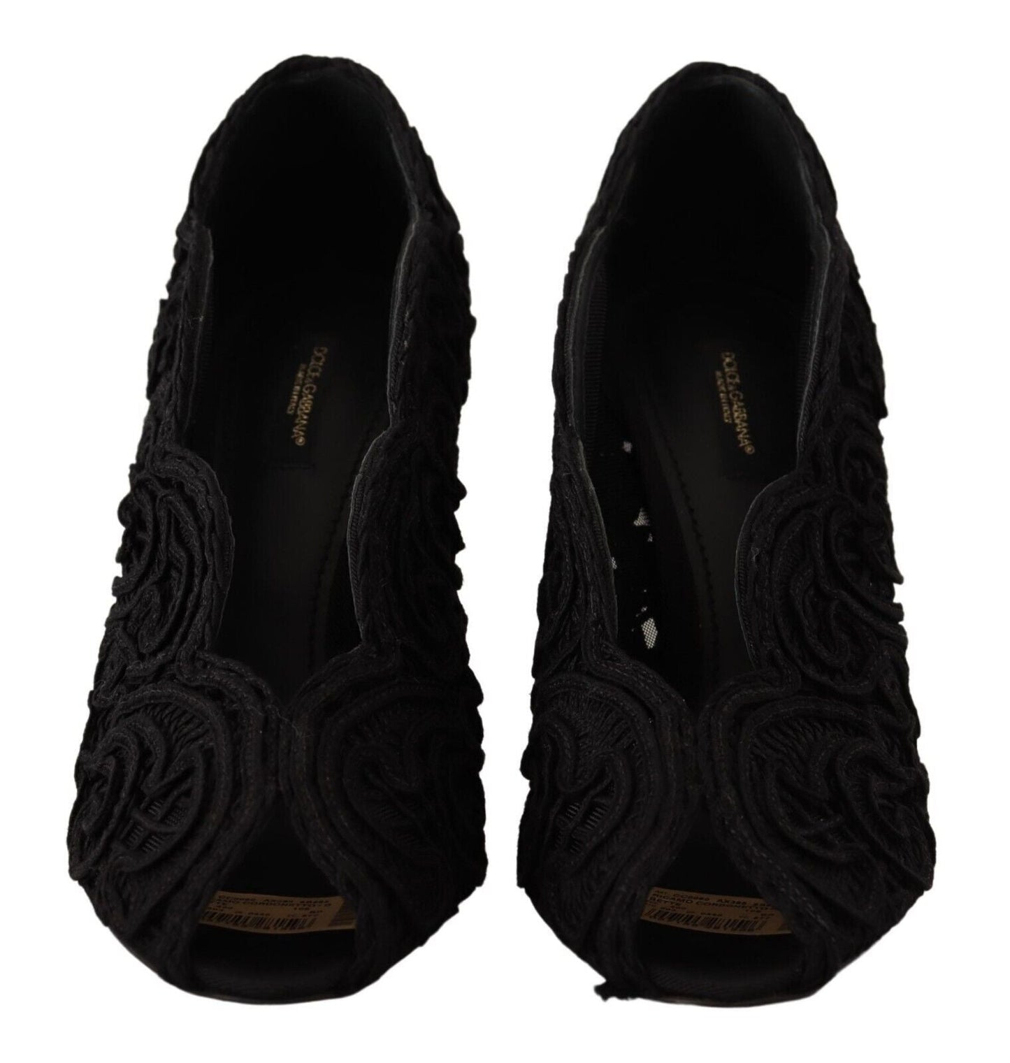 Dolce & Gabbana Black Cordonetto Ricamo Pump Open Toe Shoes - SMARTMARTNZ