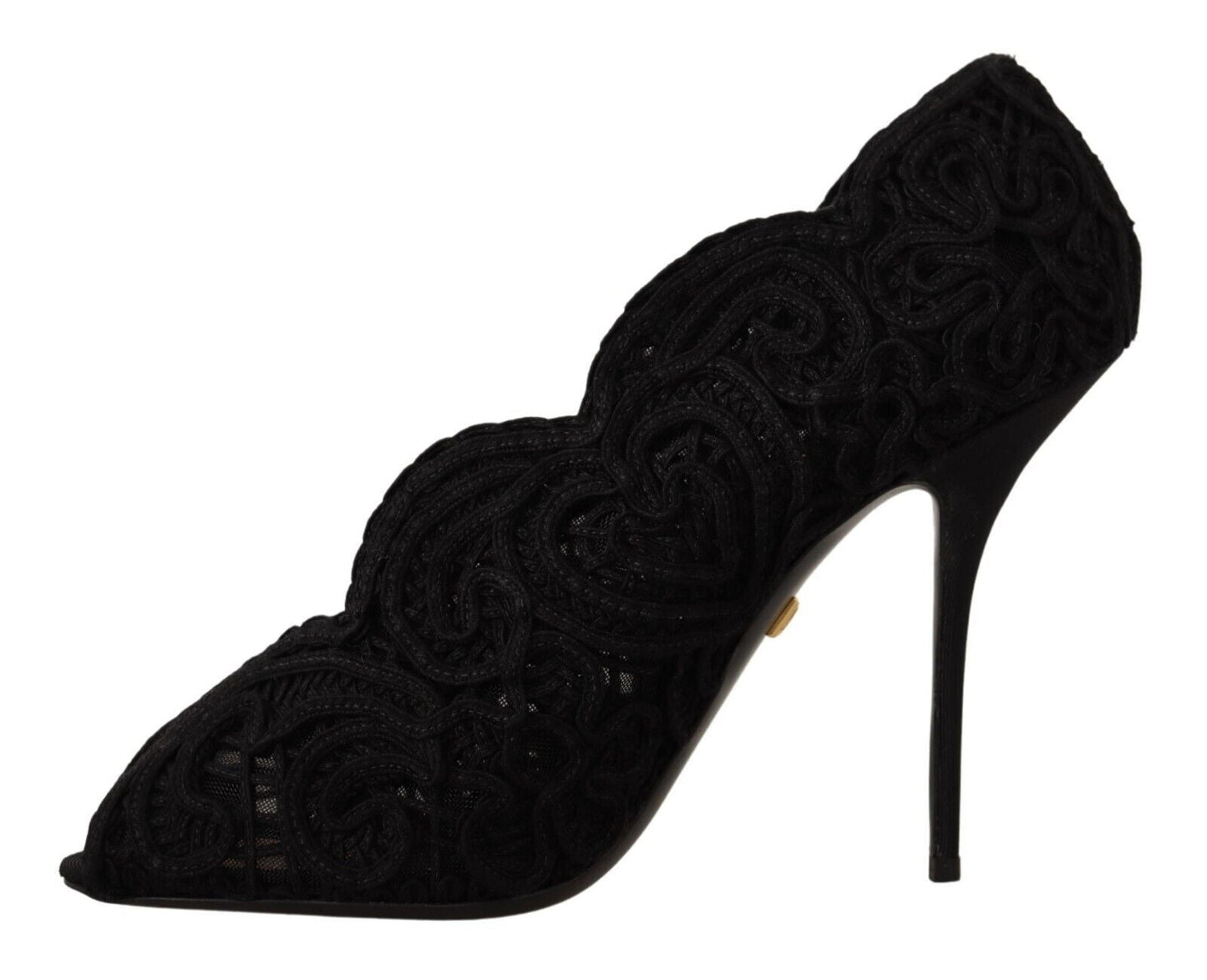 Dolce & Gabbana Black Cordonetto Ricamo Pump Open Toe Shoes - SMARTMARTNZ