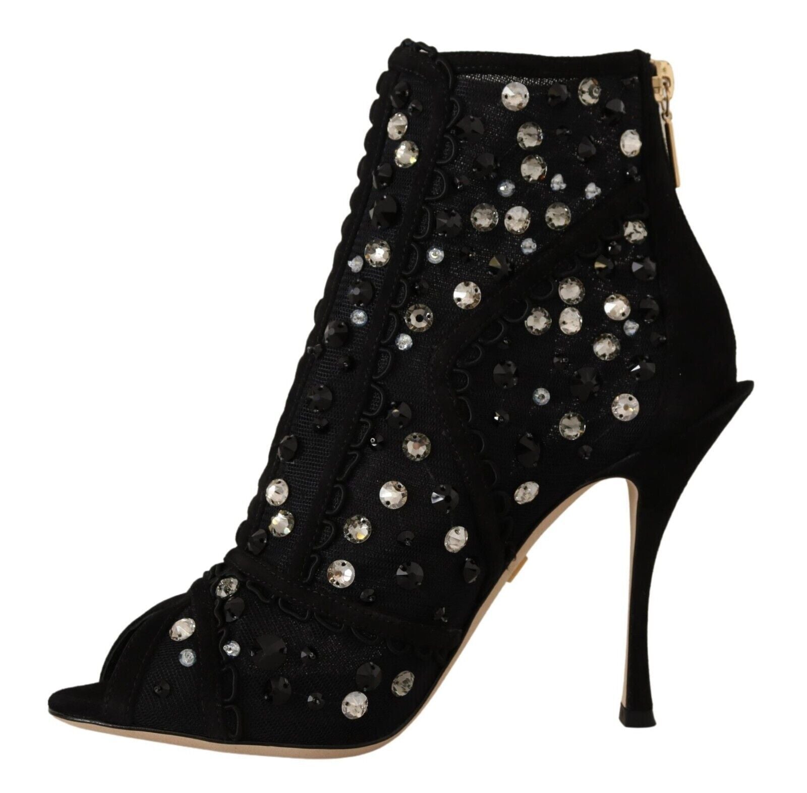 Dolce & Gabbana Black Crystals Heels Zipper Short Boots Shoes - SMARTMARTNZ