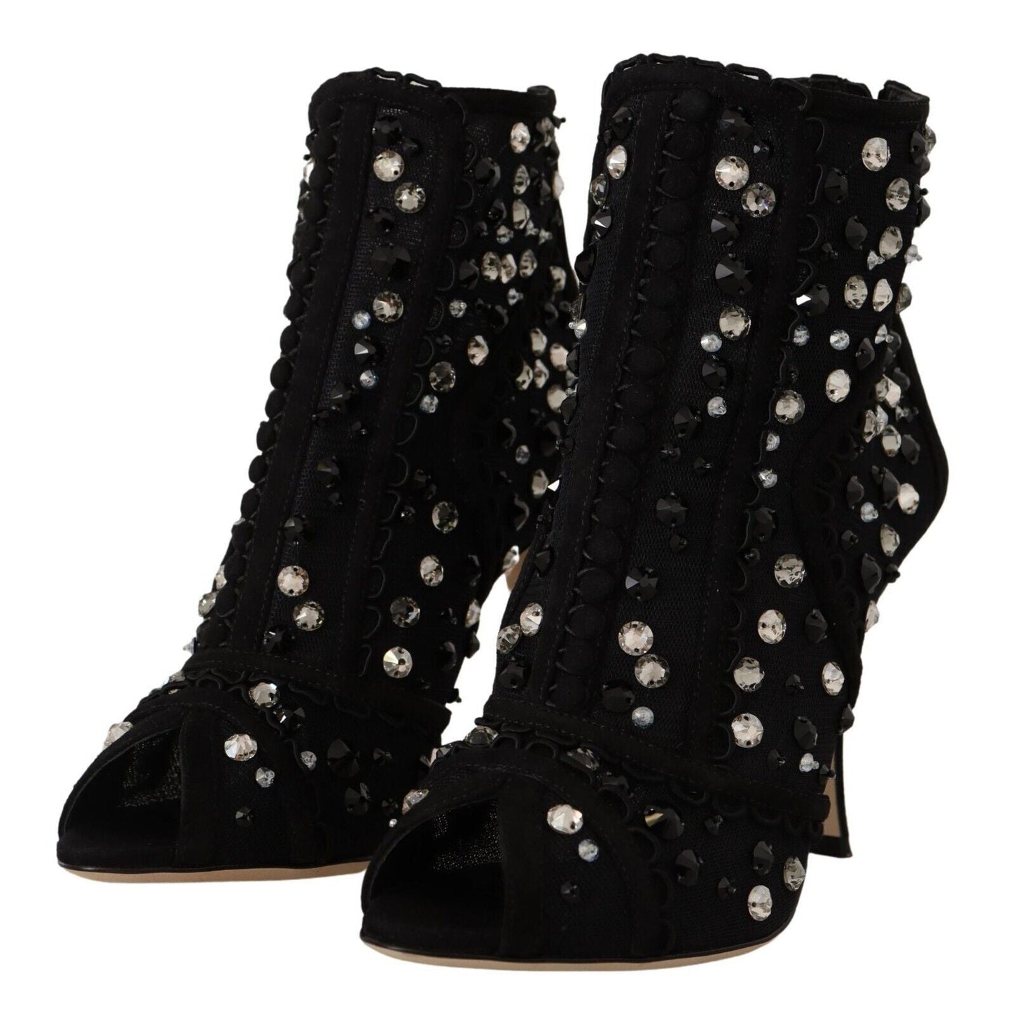 Dolce & Gabbana Black Crystals Heels Zipper Short Boots Shoes - SMARTMARTNZ