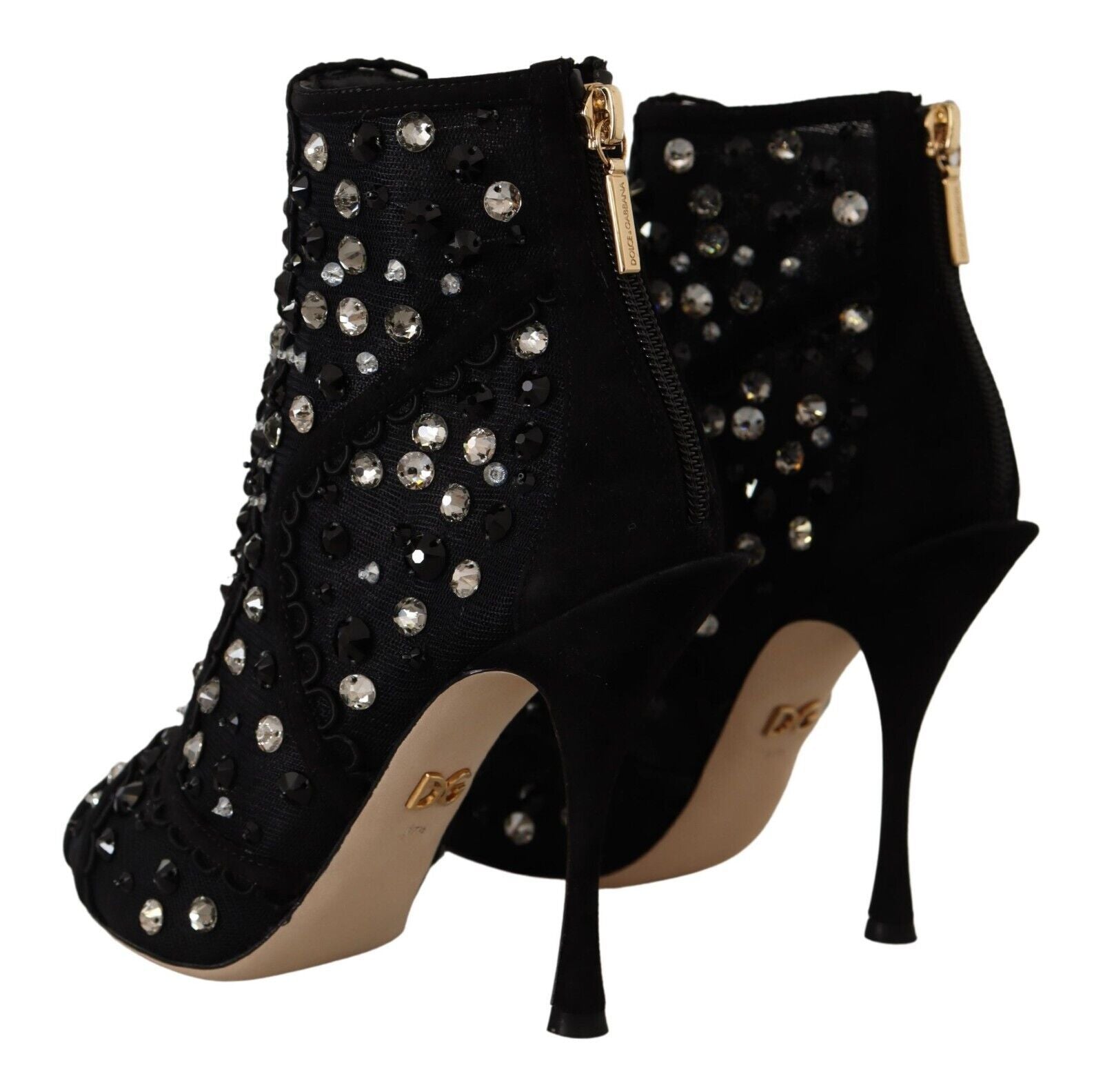 Dolce & Gabbana Black Crystals Heels Zipper Short Boots Shoes - SMARTMARTNZ