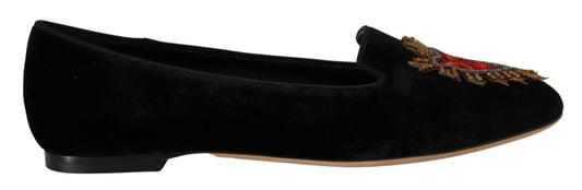 Dolce & Gabbana Black DG Sacred Heart Patch Slip On Flat Shoes - SMARTMARTNZ