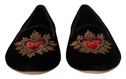 Dolce & Gabbana Black DG Sacred Heart Patch Slip On Flat Shoes - SMARTMARTNZ