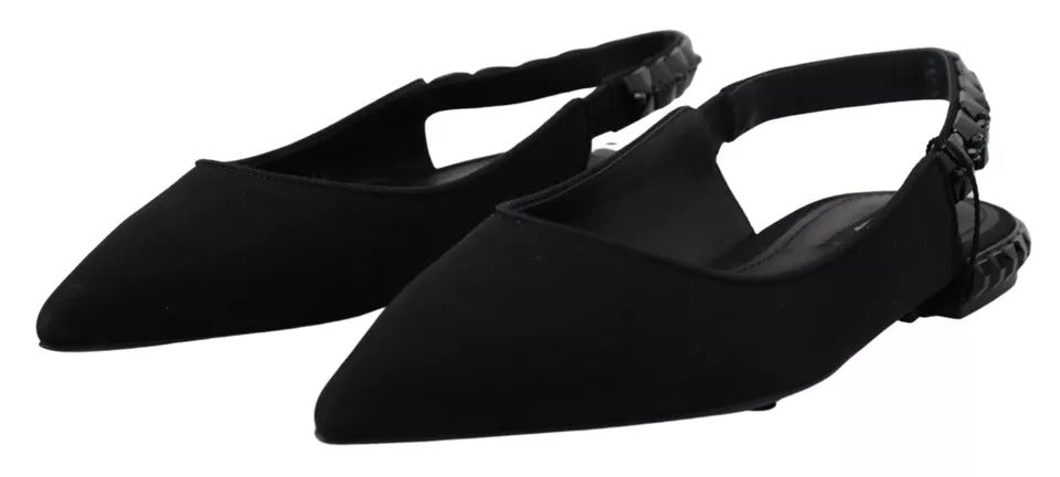 Dolce & Gabbana Black Flats Crystal Slingback Charmeuse Shoes - SMARTMARTNZ