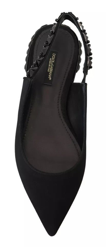 Dolce & Gabbana Black Flats Crystal Slingback Charmeuse Shoes - SMARTMARTNZ